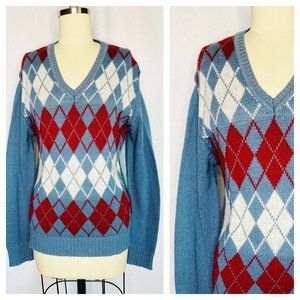 Vintage 80s Academia Argyle Diamond Check Sweater Size L Blue Knit Cottagecore